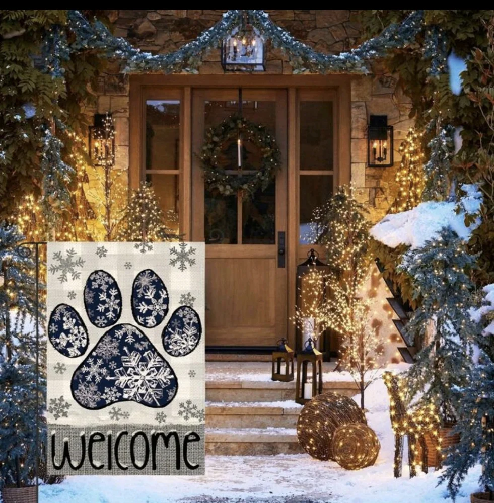 Choose Any 2 For $12 - Blue Snowflake Paw Print Welcome Flag